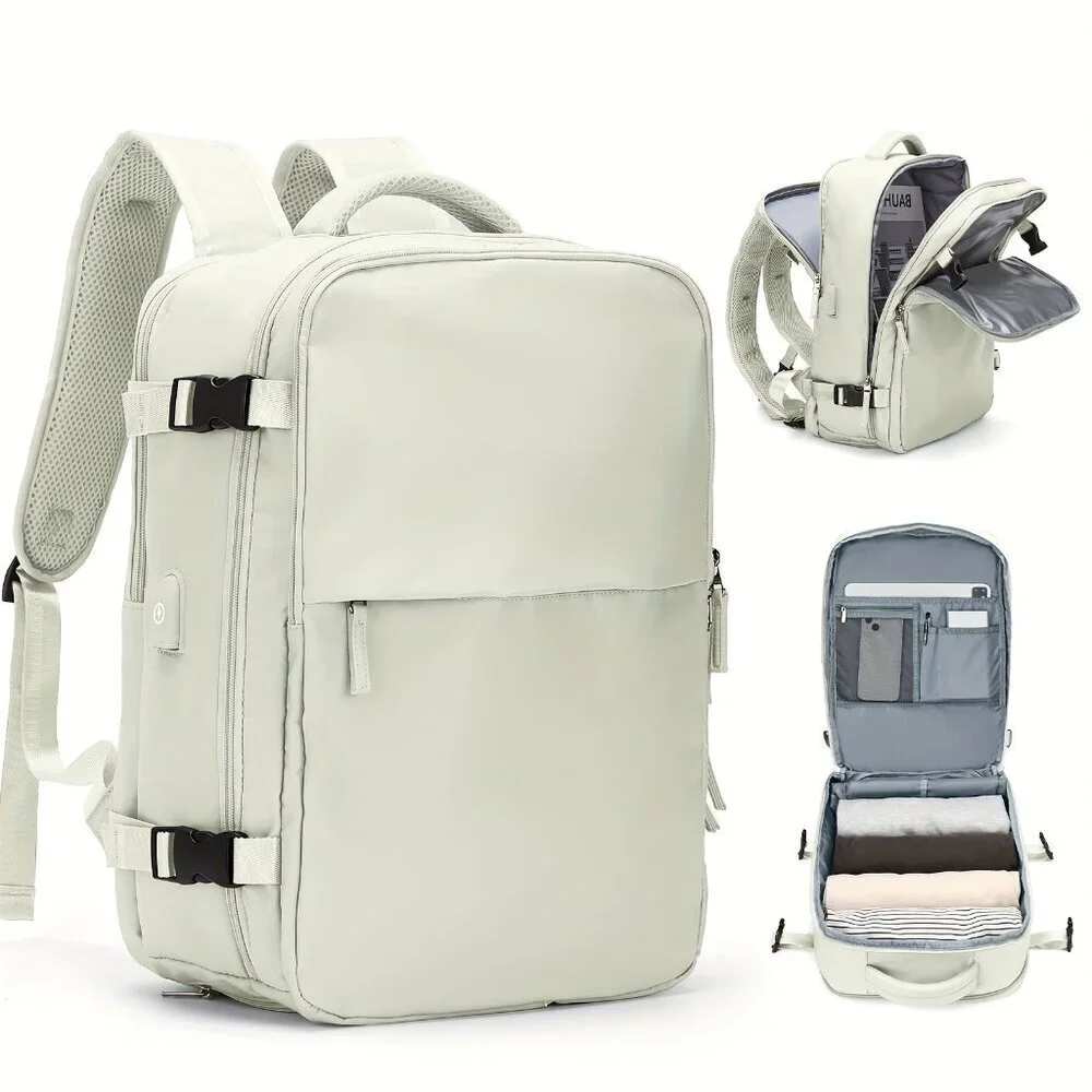 White Waterproof Travel Backpack 15” Laptop Carry-On USB Travel Bag